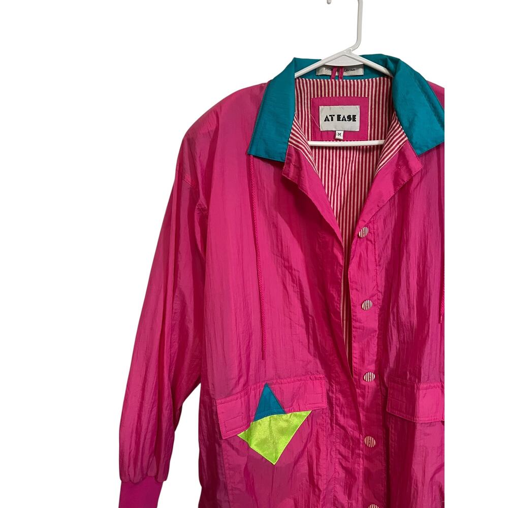 AT EASE Vintage Colorblock Windbreaker Jacket 80s 90s Pink Teal Neon M